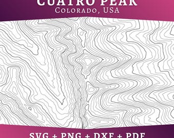 Cuatro Peak Topographic Map SVG, Colorado Contour Line Map, Topo Design Vector, Multi-layer Laser Cut File for Cricut