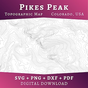 Mapa topográfico de Pikes Peak en formato SVG, mapa de curvas de nivel de los picos de más de 14.000 pies de Colorado, diseño topográfico, archivo multicapa para corte láser.