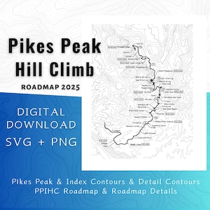 Pikes Peak International Hill Climb routekaart SVG-bestanden - gedetailleerde racebaan en contourkaart, digitale download voor CNC, laser, Cricut