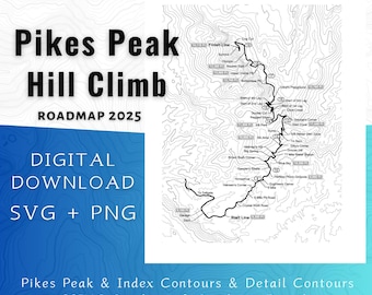 Pikes Peak International Hill Climb Roadmap SVG Files - Detailed Race Track & Contour Map, Digital Download for CNC, Laser, Cricut