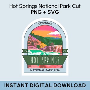 May include: A sticker design featuring a colorful illustration of Hot Springs National Park in Arkansas. The sticker includes the text "Hot Springs National Park, USA" and the years "19" and "21".