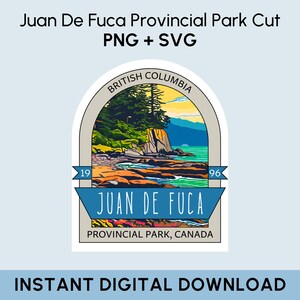 Puede incluir: Un diseño de calcomanía de estilo vintage que presenta una vista escénica del Parque Provincial Juan de Fuca en Columbia Británica, Canadá. La calcomanía presenta un cielo azul, árboles verdes, una costa rocosa y un océano turquesa. El texto "BRITISH COLUMBIA", "JUAN DE FUCA", "PROVINCIAL PARK, CANADA", "19" y "96" están incluidos en el diseño.