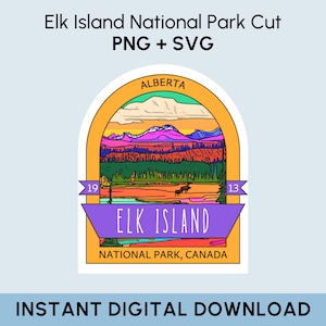 Può includere: Un adesivo colorato con una vista panoramica del Parco Nazionale di Elk Island in Alberta, Canada. L'adesivo include il nome del parco, "Elk Island National Park, Canada", e la provincia, "Alberta".