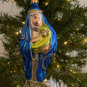 Vintage Glass Madonna and Child in Blue Christmas Ornament