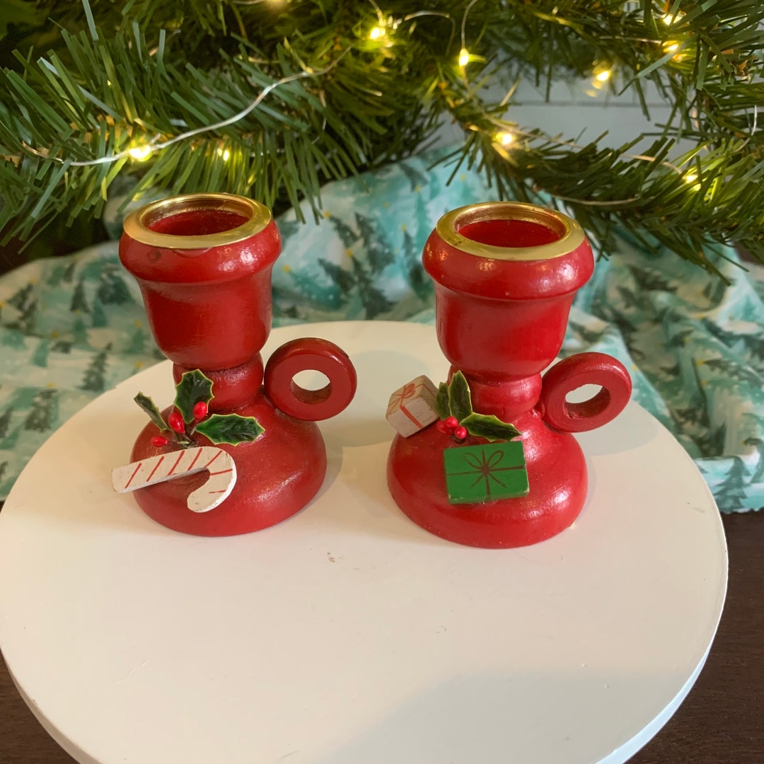 Vintage Wooden Christmas Candle Holders Etsy