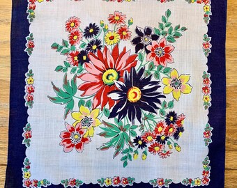 Vintage Navy Border Floral Handkerchief