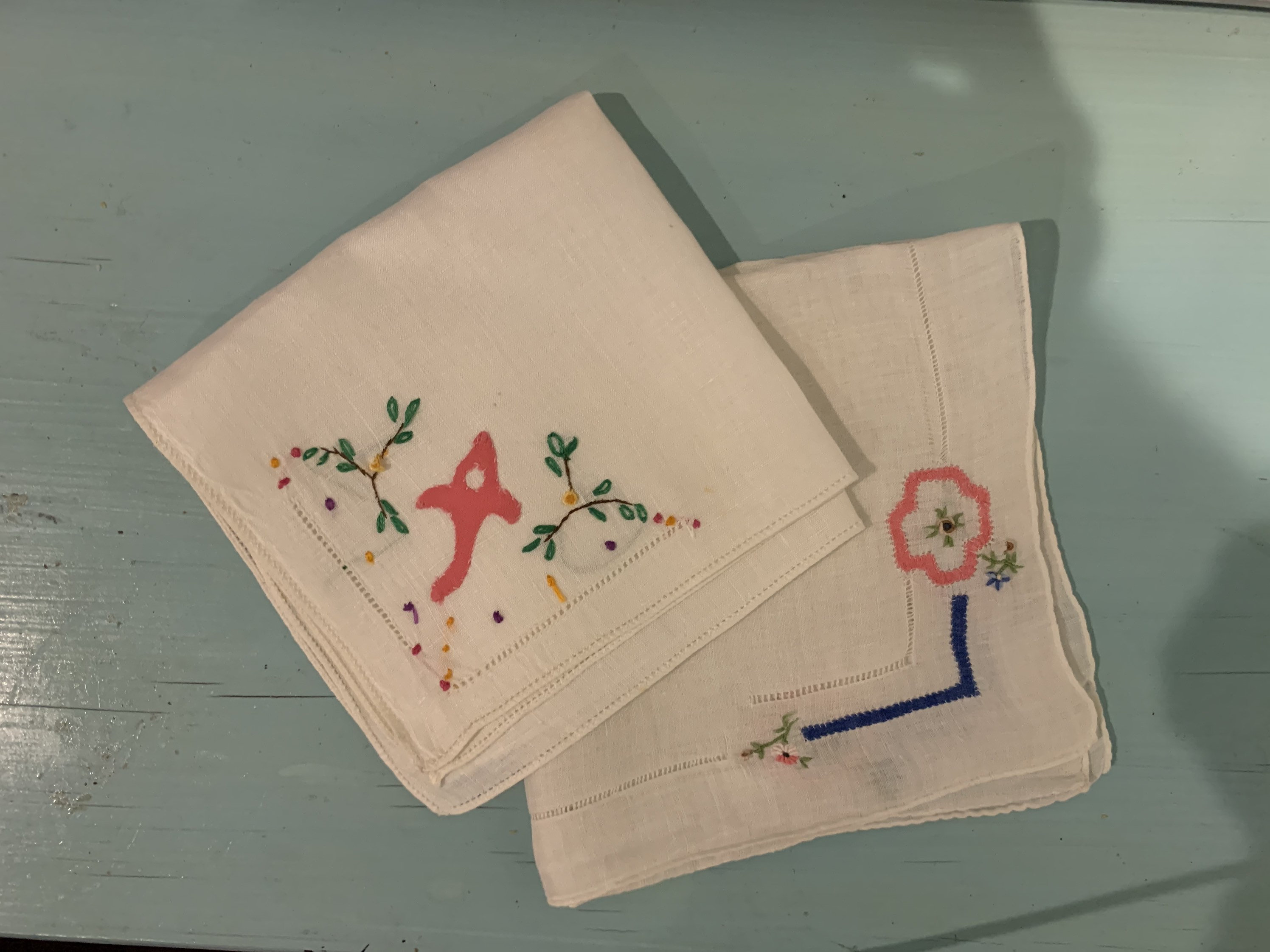 Vintage Linen Hand Embroidered and Appliquéd Pulled Thread Pair of Handkerchiefs
