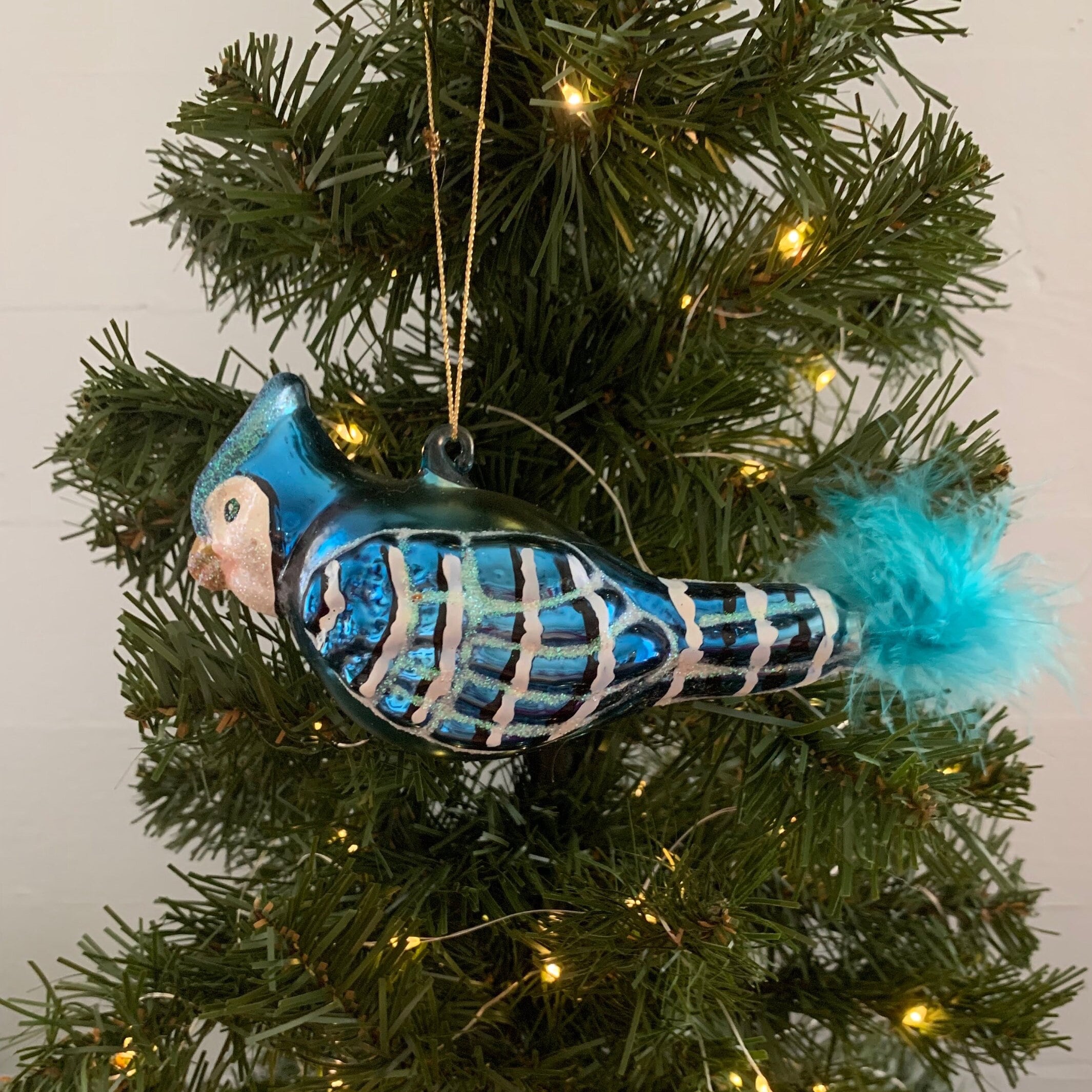 Faux Peacock Ornaments Glitter Blue Peacock Ornaments Artificial Peacock  Decor with Feather Tail and Clip for Christmas Tree (Blue, 2PCS)