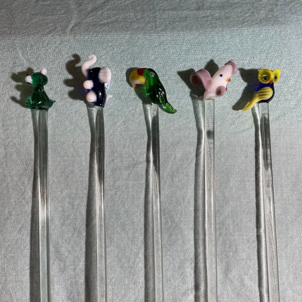 Glass Swizzle Sticks - Elephant, Teddy Bear, Toucan, Cockatoo, Owl