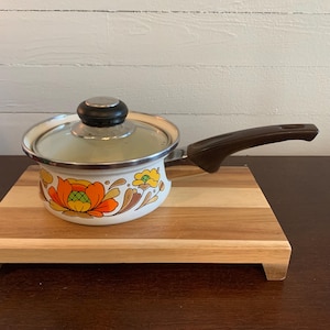 Sanko Ware Japan 1970’s Country Flowers Saucepan - Porcelain Enameled Steel