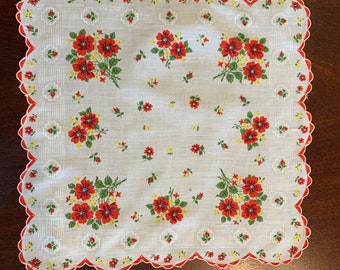Vintage Scalloped Handkerchief with Red Flowers