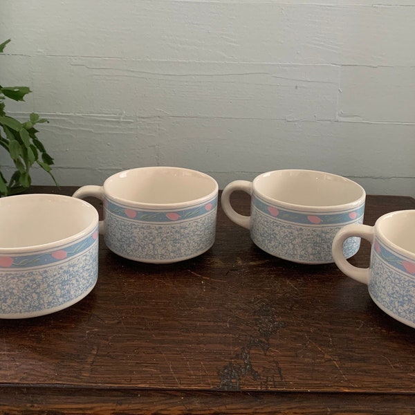 Set of Four Vintage Ceramic Soup Bowls with Handles - Blue Spatter Pattern with Pink Hearts