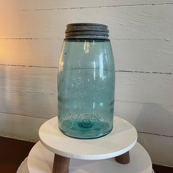 Antique Ball Jar with Zinc and Milk Glass Top