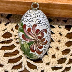 Cloisonné Egg Ornament - Small White with Flowers and Bird