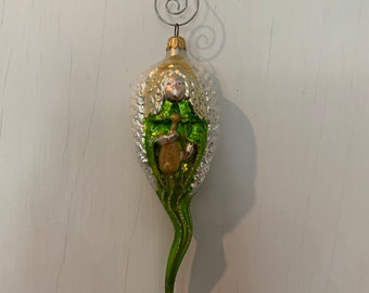 Vintage Glass Blonde Angel in Green Christmas Ornament