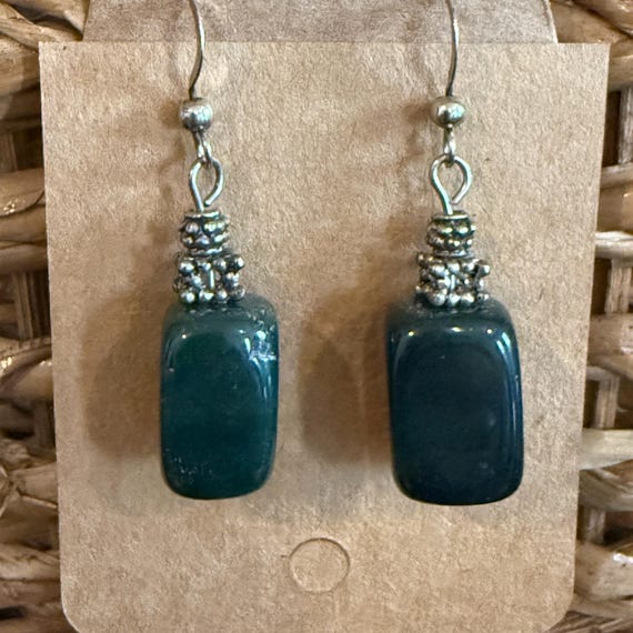 Green Rectangular Bead Earrings in Silver - image 1