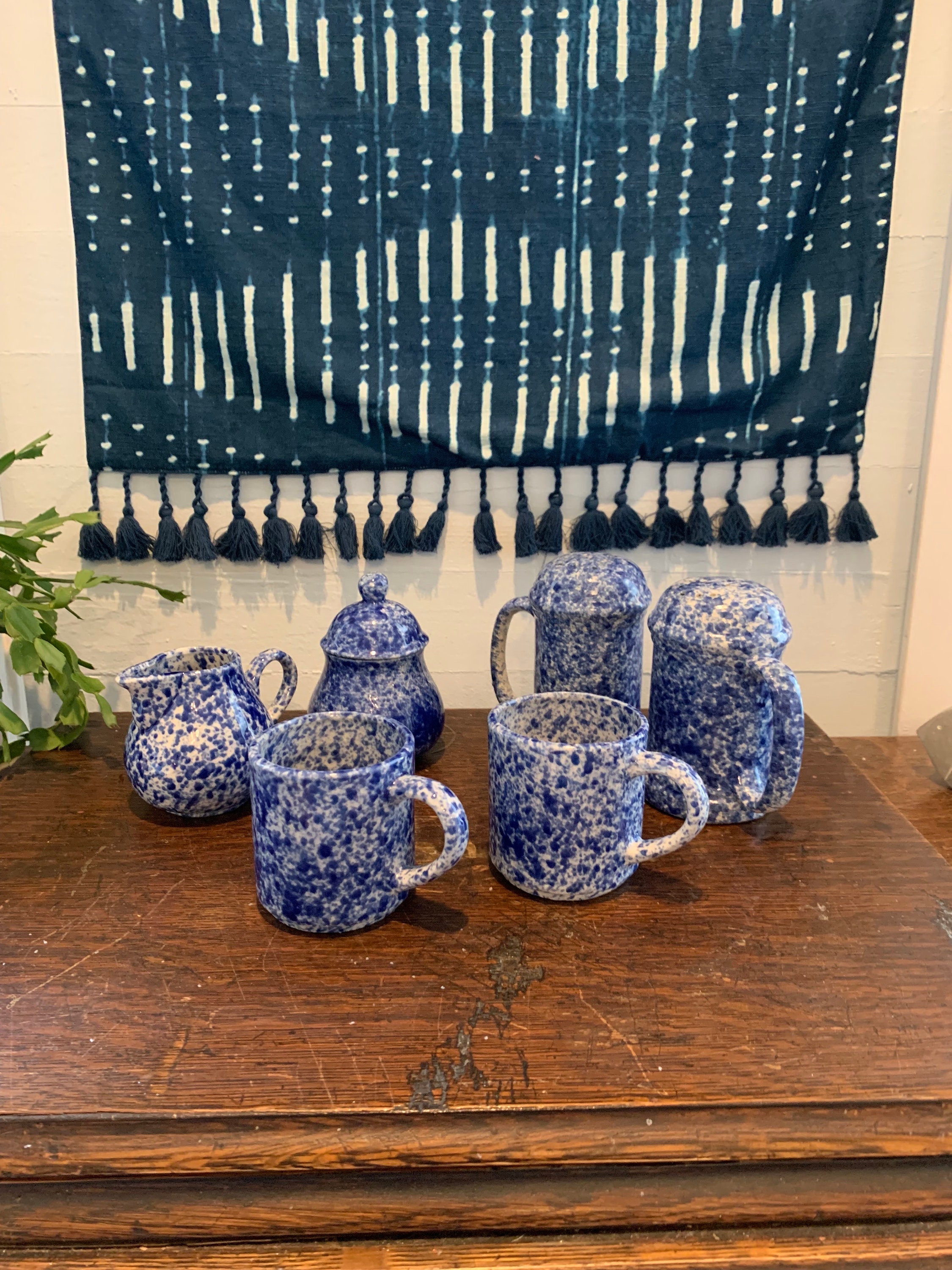 Vintage Blue Spatterware Ceramic Mugs, Salt and Pepper Shakers, Creamer ...