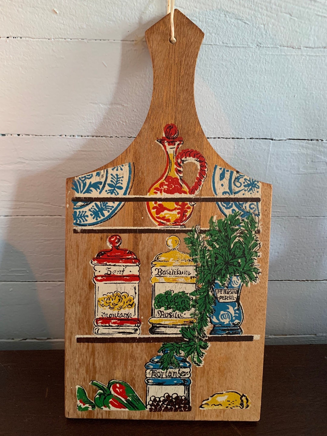 Vintage Wood Cutting Board With Painted Herbs maybe Nevco Etsy
