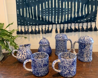 Vintage Blue Spatterware Ceramic  Mugs, Salt and Pepper Shakers, Creamer and Sugar Bowl with Lid