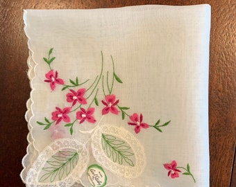 Vintage Carol Stanley Embroidered Violets Floral Handkerchief, Unused with Tag