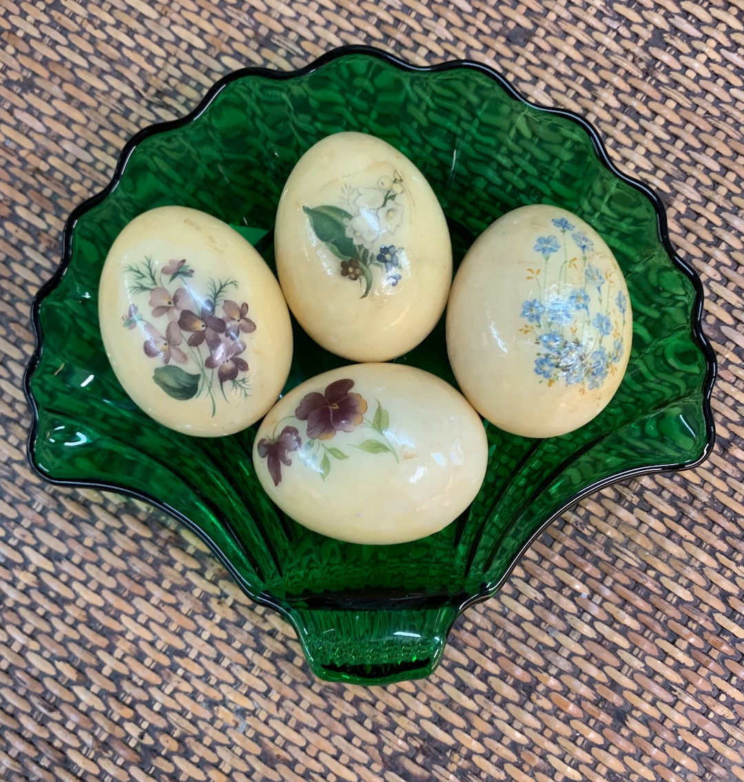 Set of Four Vintage Alabaster Eggs With Flower Decals Easter Etsy