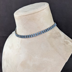 Vtg Sky Blue Crystal Rhinestone Double Strand Silver Tone Choker Necklace 17.5"