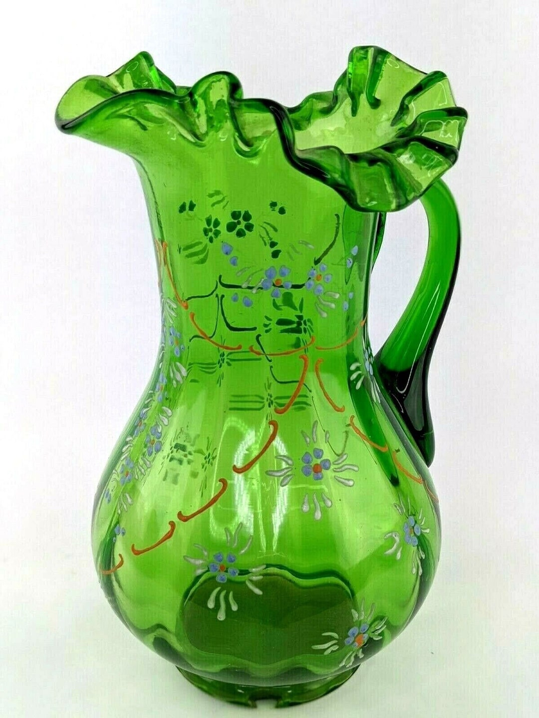 Vintage Green Depression Glass Pitcher W/ Hand Painted Flowers Etsy