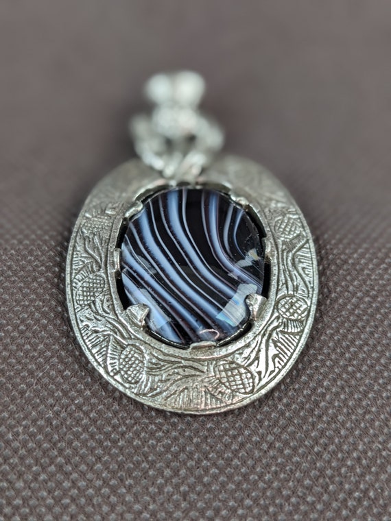 Vtg MIRACLE Silver Tone Blue Stripe Porphyry Glas… - image 3