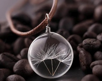 Runde Pusteblumen Kette mit echten Pusteblumen in transparent mit Lederband