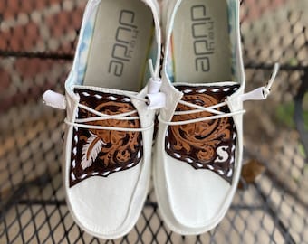 Feather Custom Tooled Leather Hey Dudes