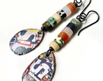 mismatched artisan enamel earrings with gemstone heishi, by Elizabeth Rosen