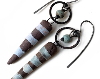 rustic blue ceramic earrings, soldered components, handmade niobium ear wires by Elizabeth Rosen
