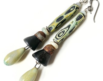 Dew Drop earrings, Modern Tribal unusual artisan earrings, carved mokume gane earrings with funky ceramics, by Elizabeth Rosen