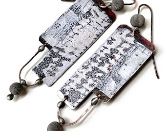 Sculptural modern enameled copper earrings, unusual black + white wearable art, by Elizabeth Rosen