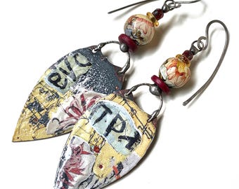 Unusual Mismatched Copper Enamel Floral Earrings, Artisan Beads, JosephineBeads Wearable Art, by Elizabeth Rosen