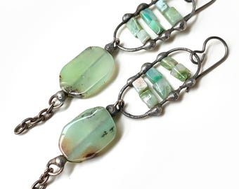 Rustic Soldered Chrysoprase Earrings, Green Gemstone Earrings, by Elizabeth Rosen