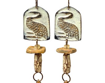 Handpainted Yellow Crane Earrings, Rustic Bird Jewelry, by Elizabeth Rosen