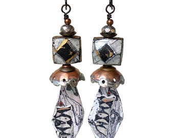Black + White Artisan Earrings, Enameled Copper Charms, Faceted Polymer Clay, on Niobium Ear Wires
