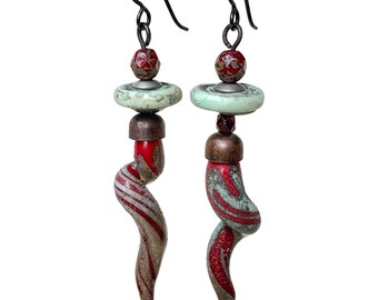 Lampwork Glass Corkscrew Earrings: Maroon Copper-Green Wearable Art