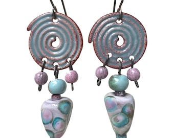 Handmade Enamel Earrings, Lampworked Glass, Copper Charms