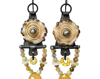 Modern tribal beaded earrings, soldered artisan earrings, lampwork glass & opal, handmade tin connector, one of a kind by Elizabeth Rosen