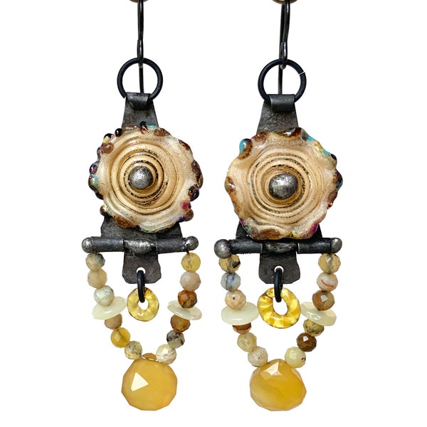 Modern tribal beaded earrings, soldered artisan earrings, lampwork glass & opal, handmade tin connector, one of a kind by Elizabeth Rosen