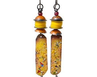 Rustic Earthy Artisan Yellow Orange Enamel Earrings, Handmade Tin Caps, African Vulcanite, by Elizabeth Rosen