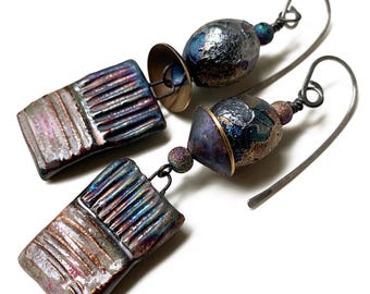 Mismatched Raku Earrings, Rustic Elegance, Deep Metallic Statement Jewelry, by Elizabeth Rosen