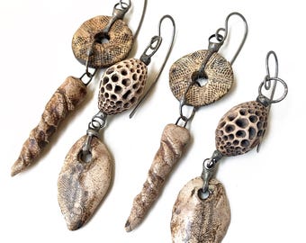 CHOOSE ONE Rustic Organic Asymmetric Ceramic Bead Earrings, Long Soldered Artisan Earthy Nature Jewelry, by Elizabeth Rosen