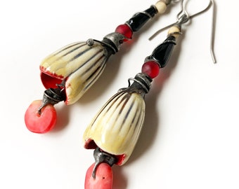 Ceramic Flower earrings, handmade artisan ceramic bells and soldered components, whimsical red black cream earrings by Elizabeth Rosen