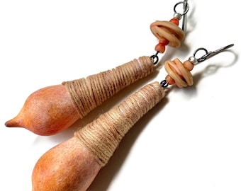 Thread wrapped polymer pod and lampwork glass earrings, one of a kind rustic peach colored earrings, by Elizabeth Rosen