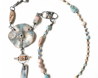 Abstract Wildflower Garden necklace, Artisan Fine Porcelain and Gemstone Beads, Handmade Soldered Necklace, Wearable Art