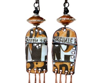 rustic artisan earrings, modern copper enamel earrings, soldered upcycled tin, industrial chic, wearable art, by Elizabeth Rosen