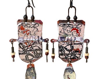 Mismatched Artisan Enamel Earrings, Primitive Tribal Wearable Art, by Elizabeth Rosen